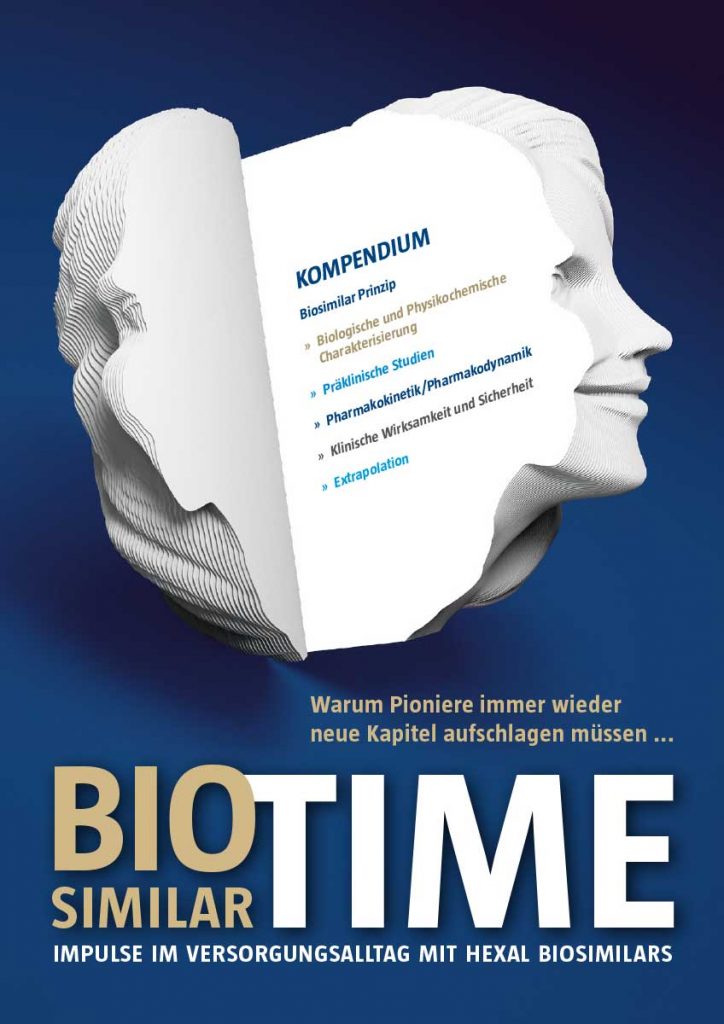 Fallbeispiel Hexal: Kompendium Biosimilar Time: ­Titelgestaltung auf Basis des von ­Hexal gelieferten internationalen Sandoz-CDs und Buchkopf-Key Visuals für Biosimilars.